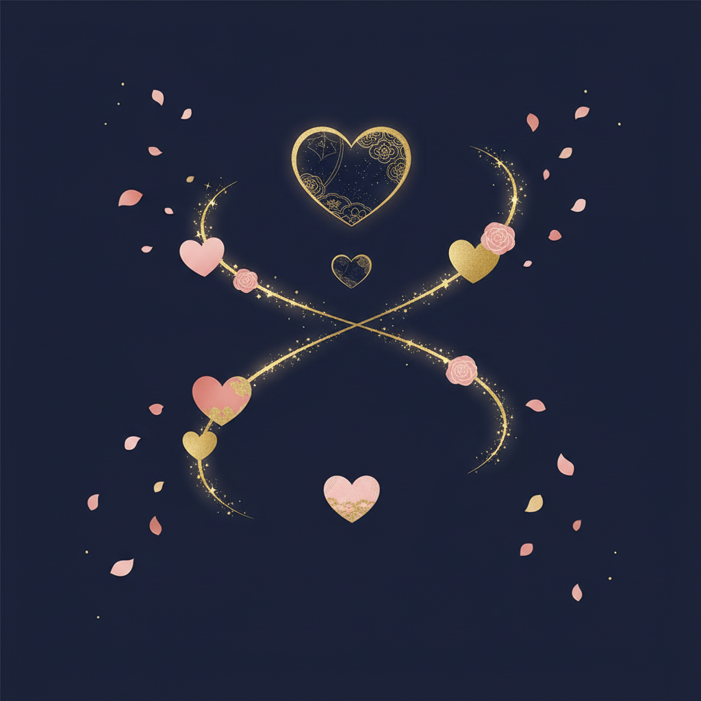 手をつなぐカップルと夜空の星、温かいオレンジ色の光