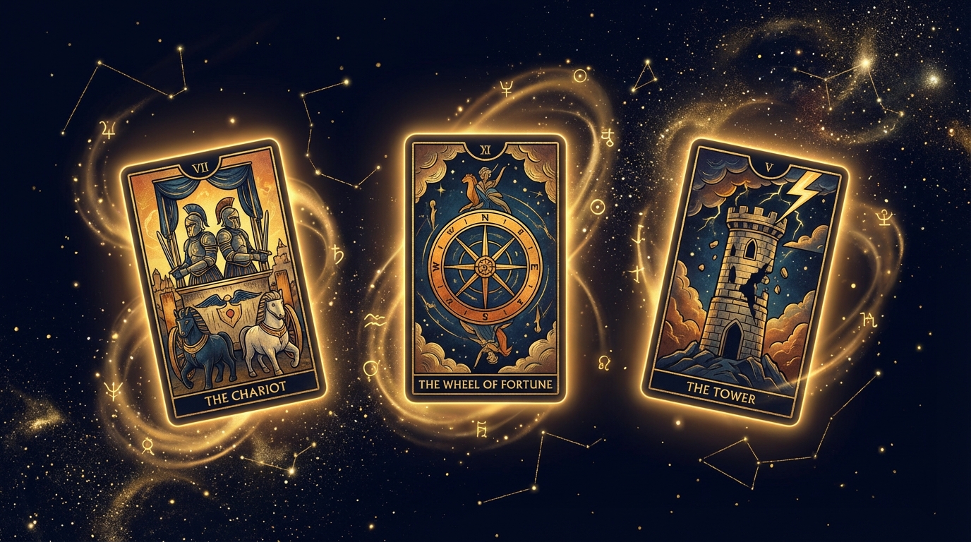 タロットカードが光を放つ宇宙空間