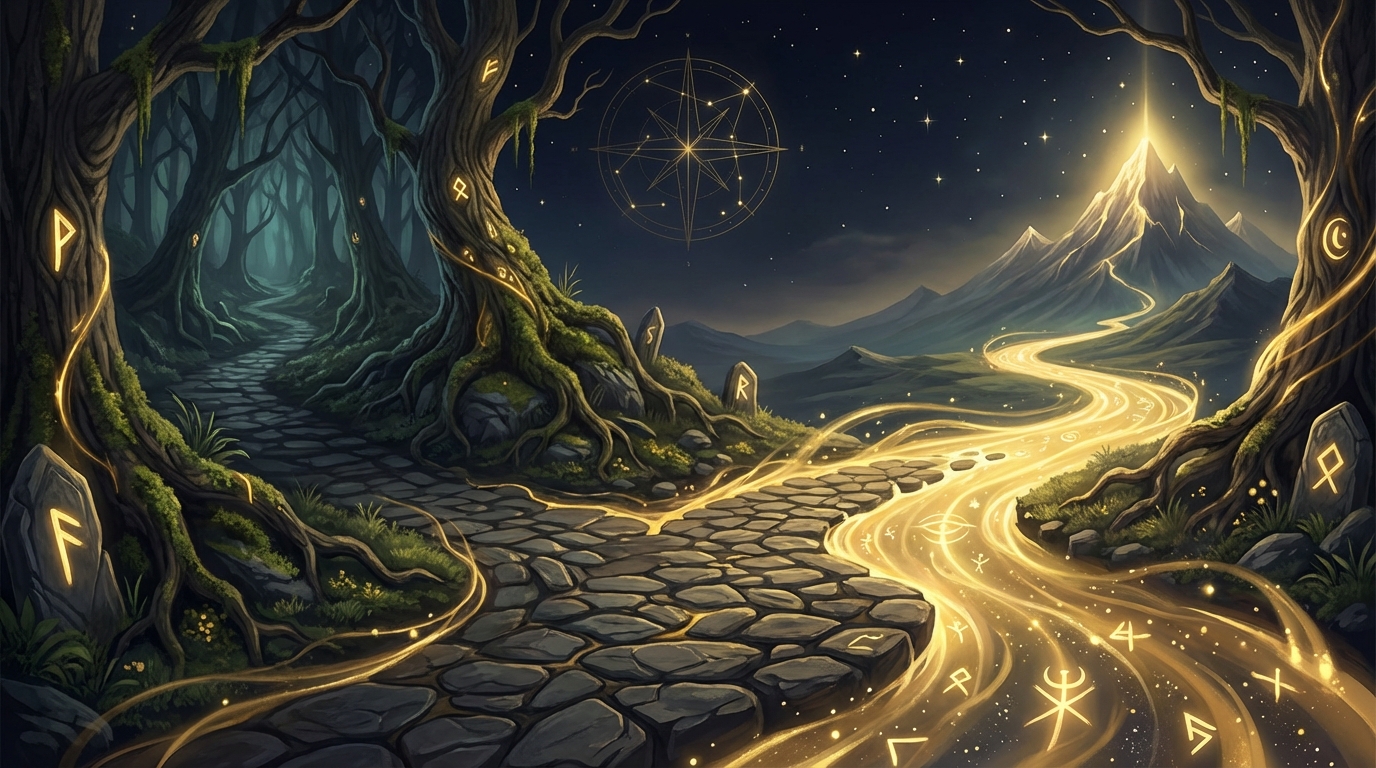 星空の下に浮かぶ二つの道の分岐点