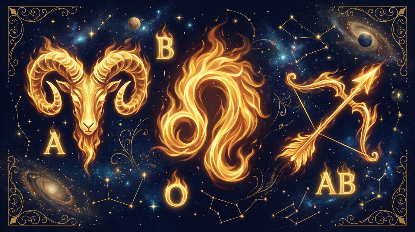 炎のエレメントと4つの血液型シンボル