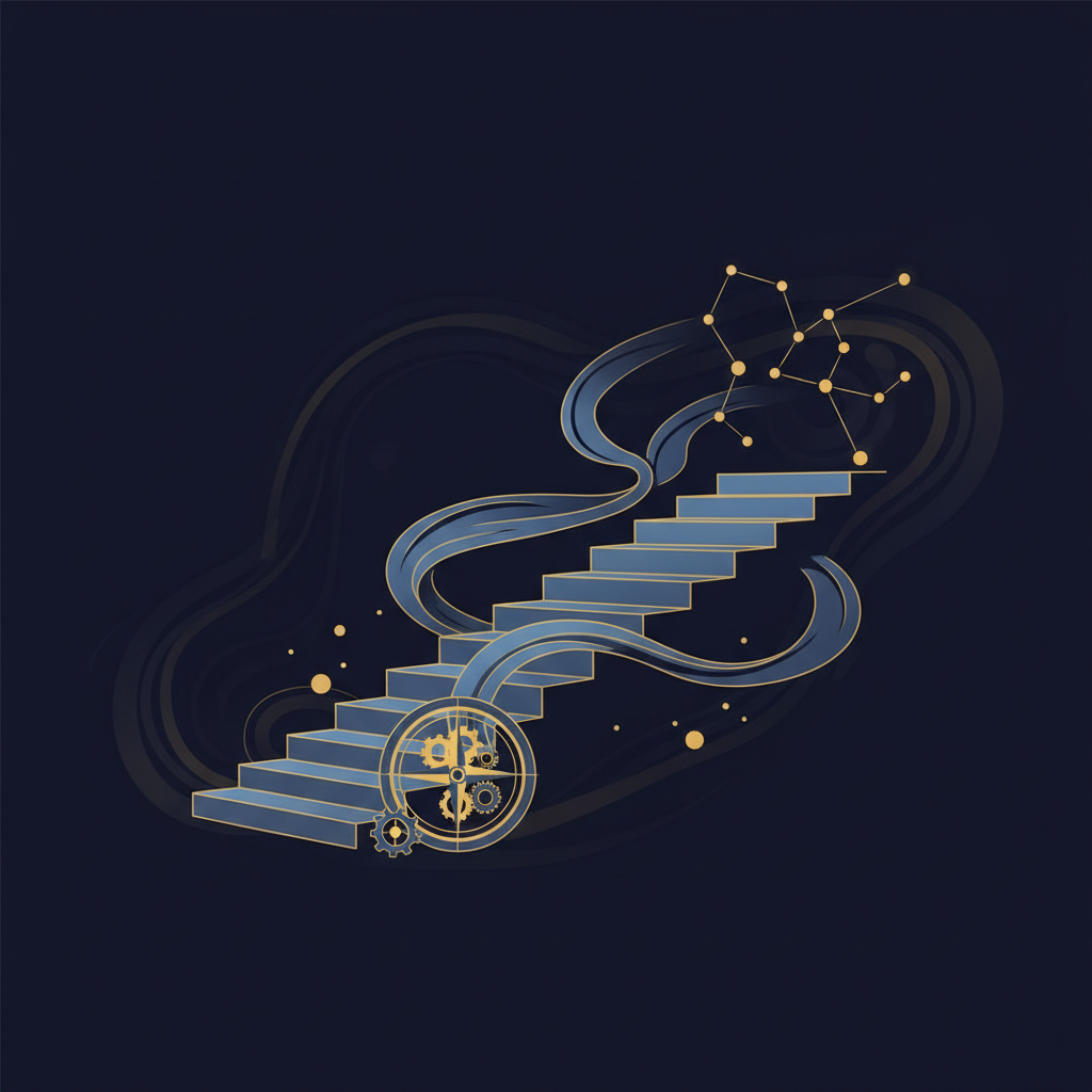 夜明けの空に向かって歩き出す人のシルエット