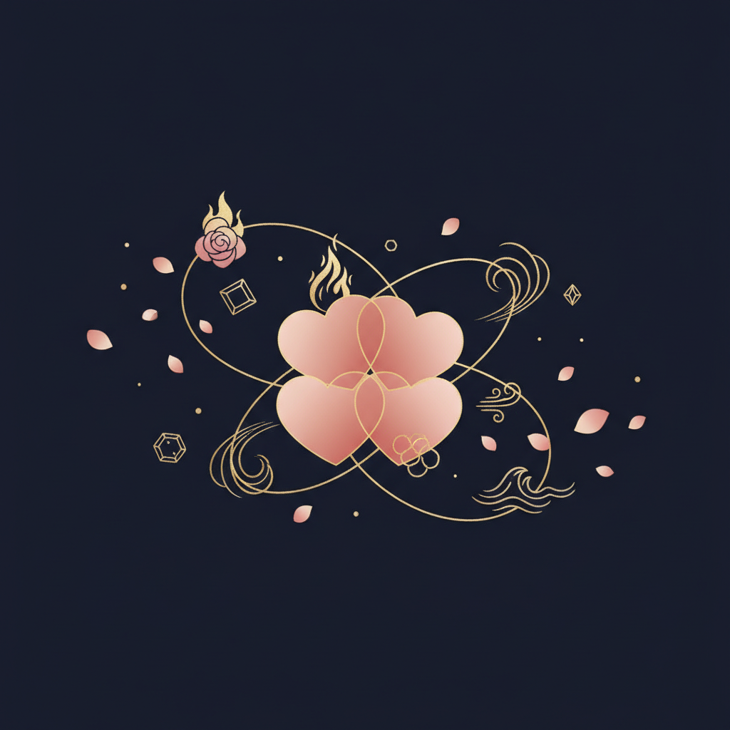 星座のエレメントを表す炎・大地・風・水のシンボルが並ぶ神秘的なイラスト