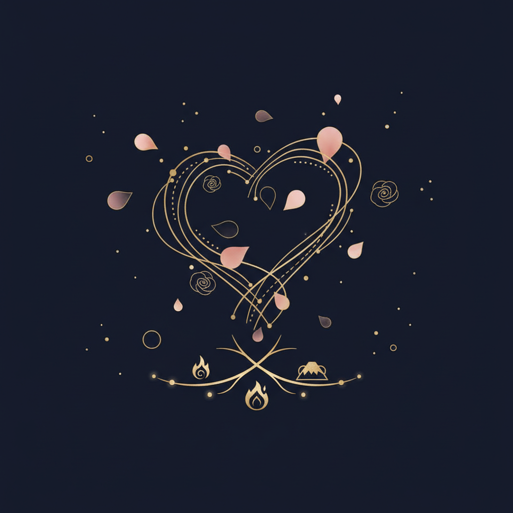 焚き火と大地をイメージした暖かいトーンのイラスト、星座記号が散りばめられている