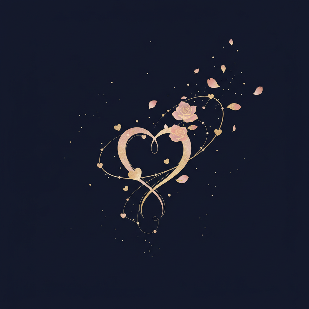 夜空の下で星を見上げるカップルのイラスト、温かいオレンジ色の光が二人を包んでいる