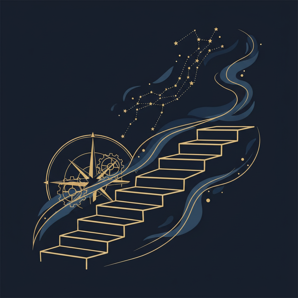 夜空に輝く星と、前を向いて歩く人のシルエット