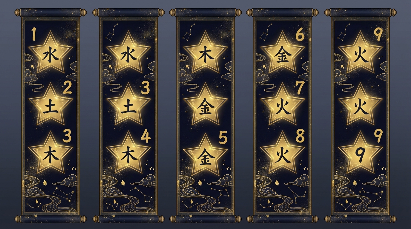 9つの星のシンボルが年表とともに並ぶ