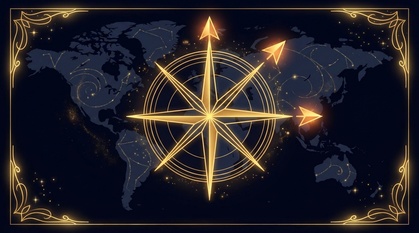 方位盤に光る吉方位と旅行のモチーフ