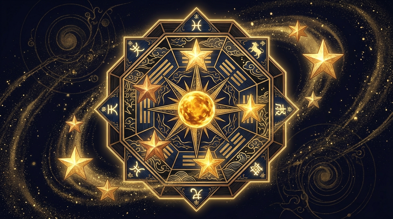 九つの星が方位盤の上に並ぶ東洋的なイメージ