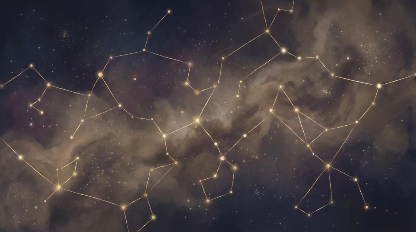 星座の光が交差する幻想的な夜空のイラスト