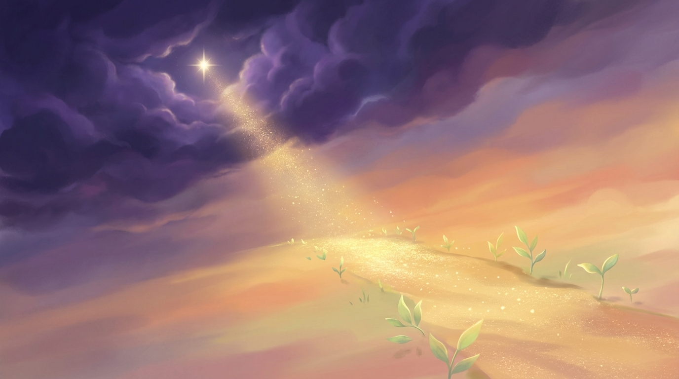 暗い夜空の中で希望の光が差し込むイラスト