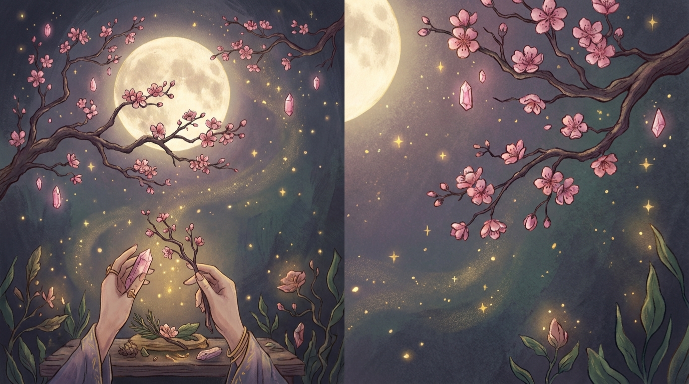 開運アクションを表す月光と花のイラスト