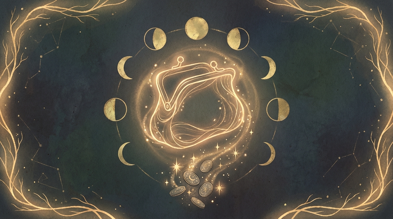 金運の器を整えるイメージ — 金色の光を放つ財布と月のイラスト