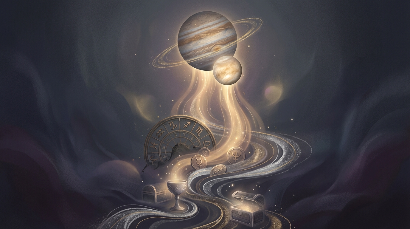 木星と金星の光が金色に輝くイラスト