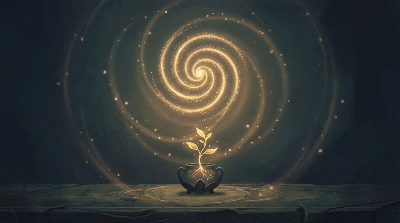 豊かさのエネルギーを表す黄金色の光と植物のイラスト