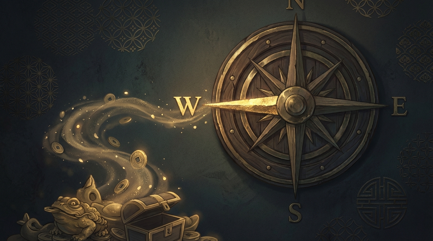 方位磁石と吉方位を示す光のイラスト