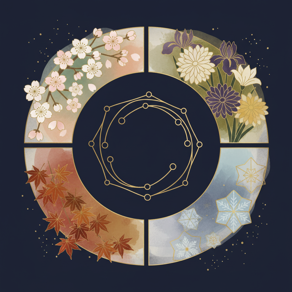 星座と花とプレゼントボックスが並ぶ温かみのあるフラットイラスト