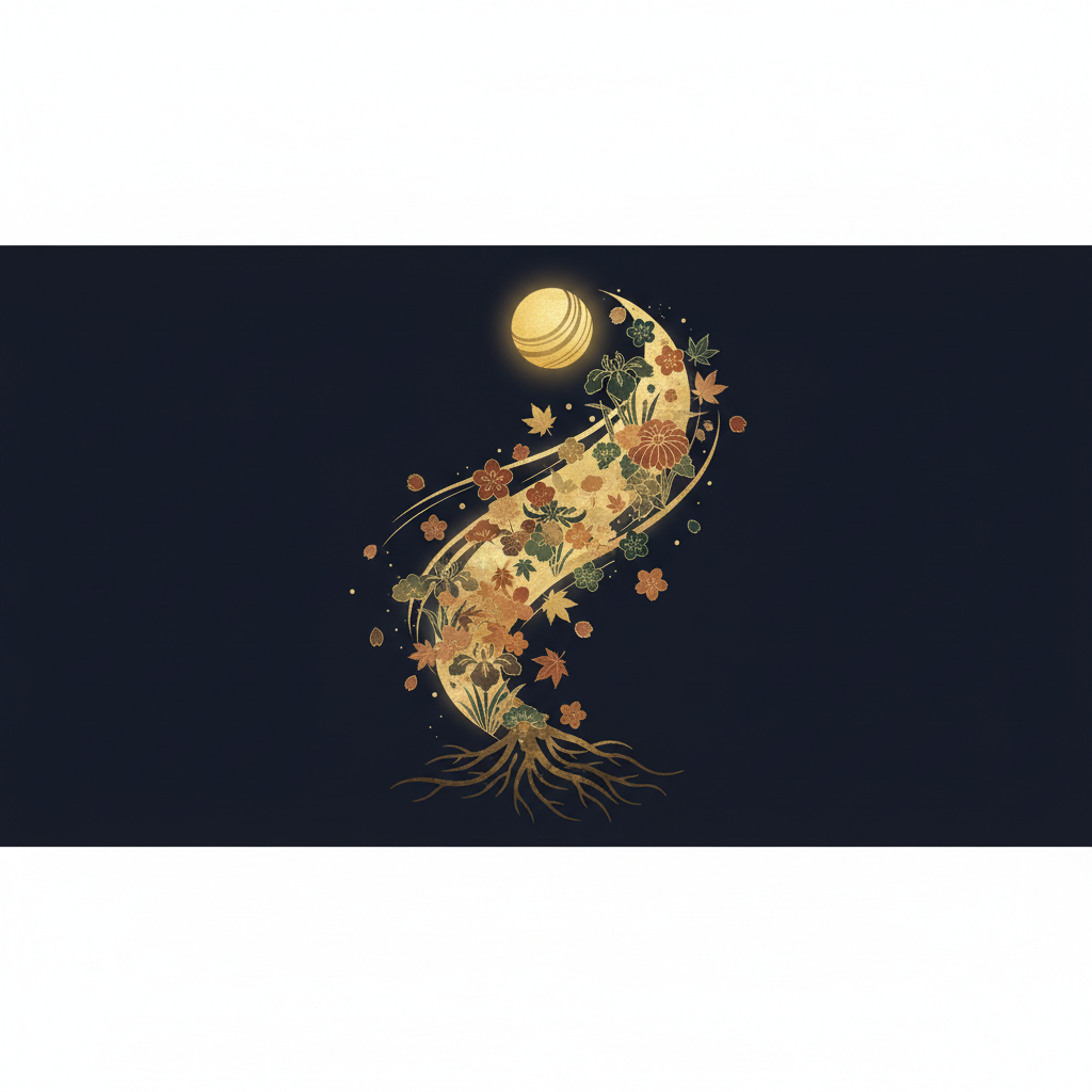 静かな夕暮れ時、川面に映る迎え火の炎と空の色が溶け合う風景