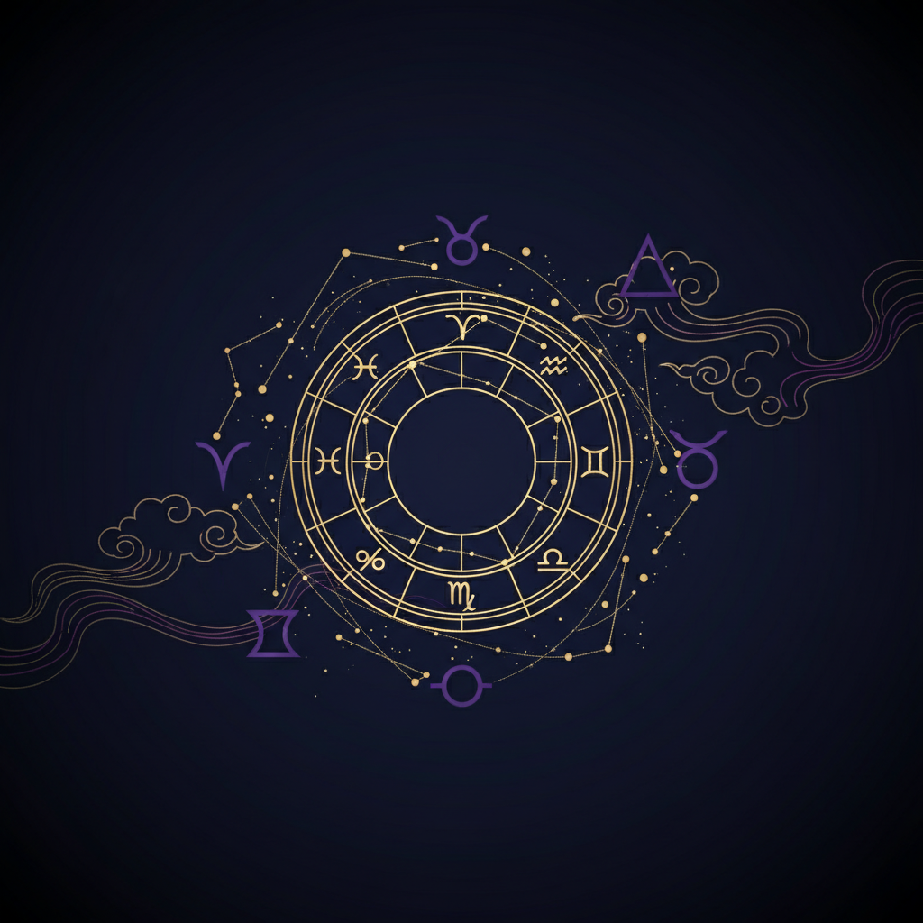 星座早見表と虫眼鏡が置かれた木製デスクのイラスト