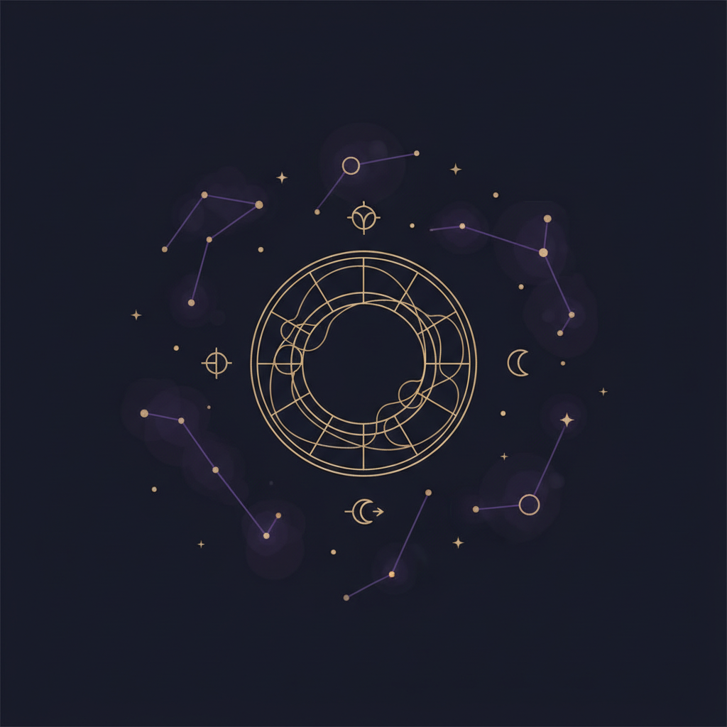 疑問符と星座記号が浮かぶ柔らかい光のイラスト