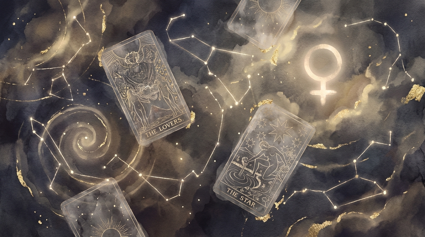 タロットカード「恋人」と星座の光のイラスト