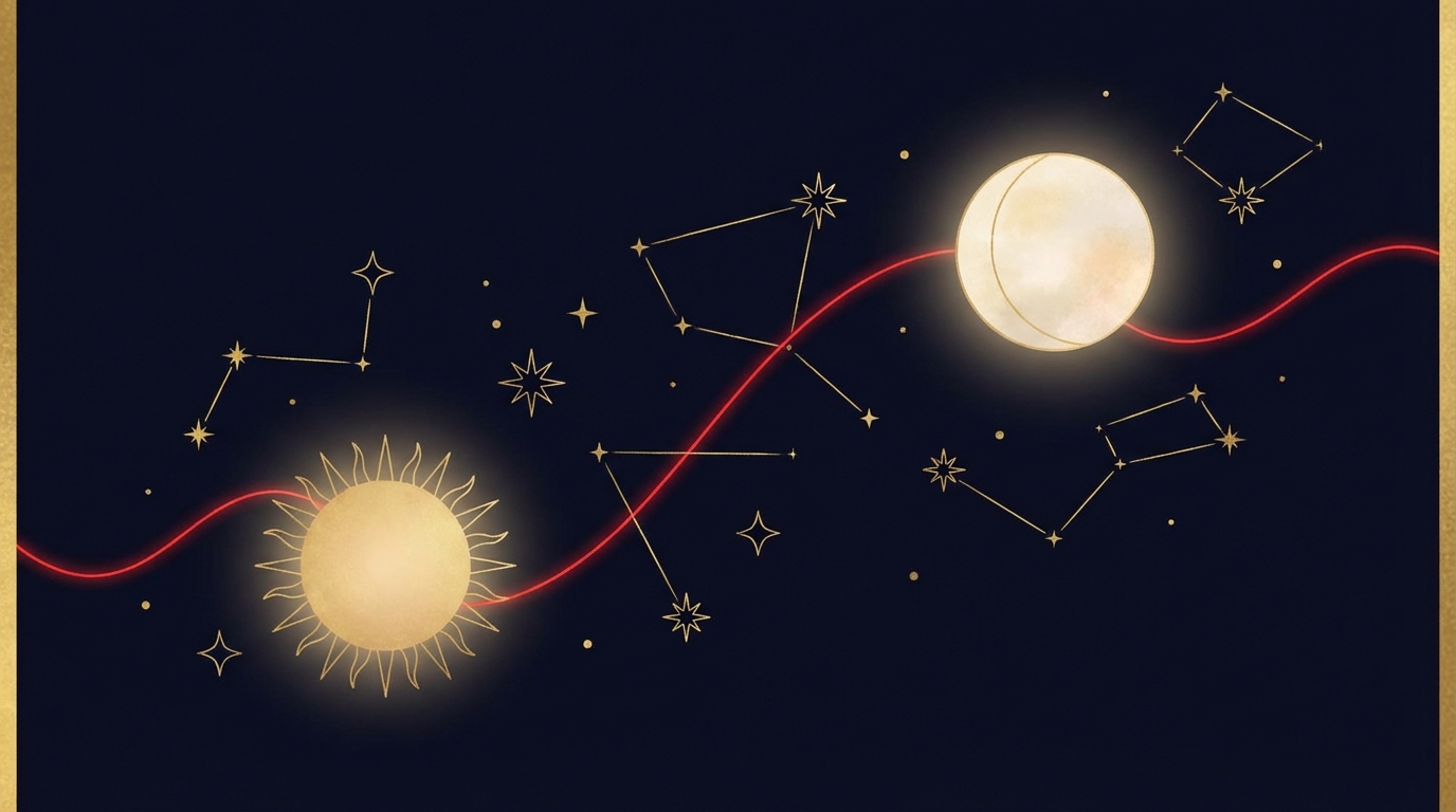 星空の下で光る赤い糸のスピリチュアルなイラスト