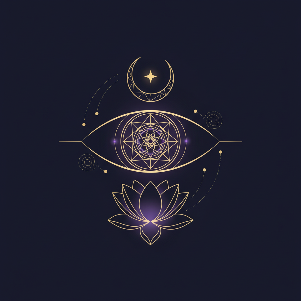 夜空の下で動物と人が向き合い、光の粒子が舞い上がっている神秘的な情景