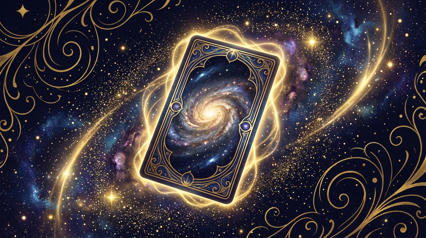 タロットカードが宇宙空間に浮かび、金色の星屑に囲まれている