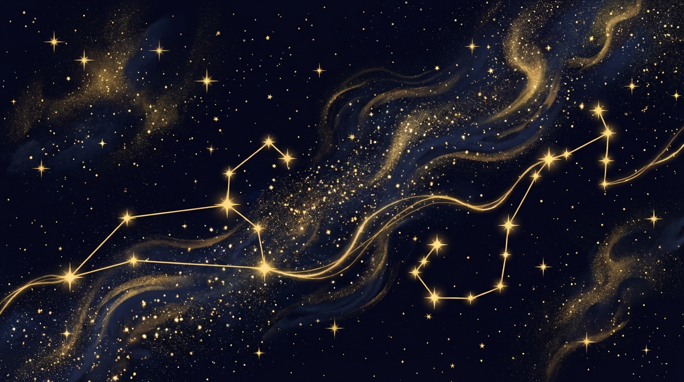 二つの星座が金色の光の糸で結ばれた星空