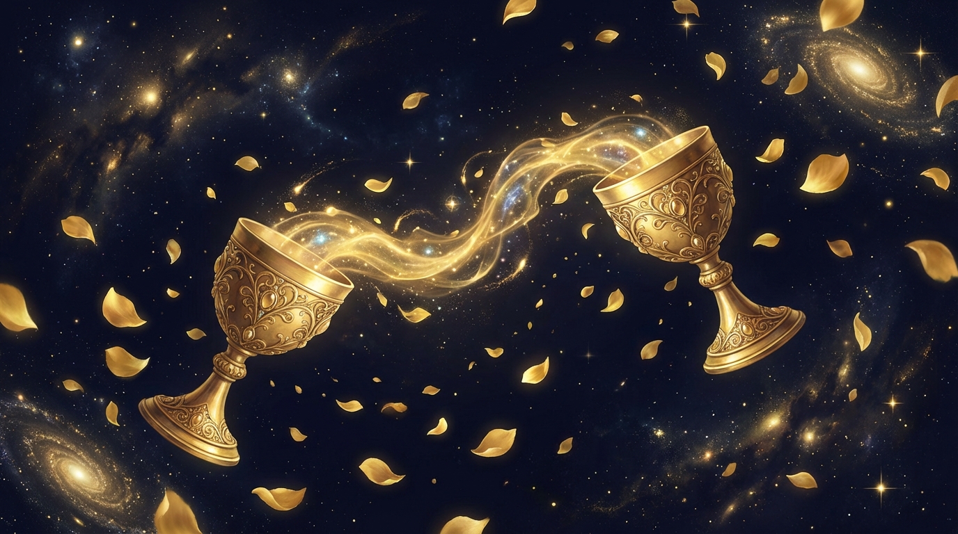二つの金色のカップの間を流れる魔法のエネルギー