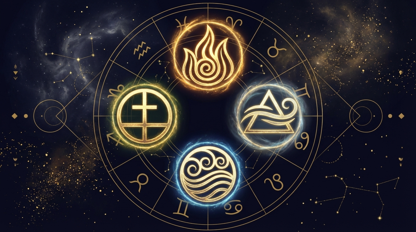 四元素のシンボルがダイヤモンド形に配置され金色に輝く