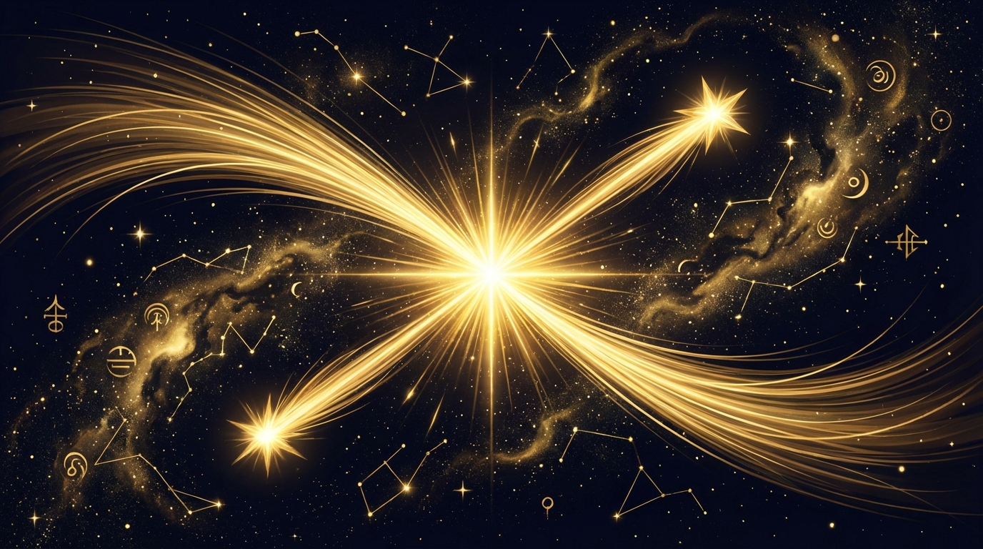 二つの流れ星が夜空で交差し金色の光を放つ