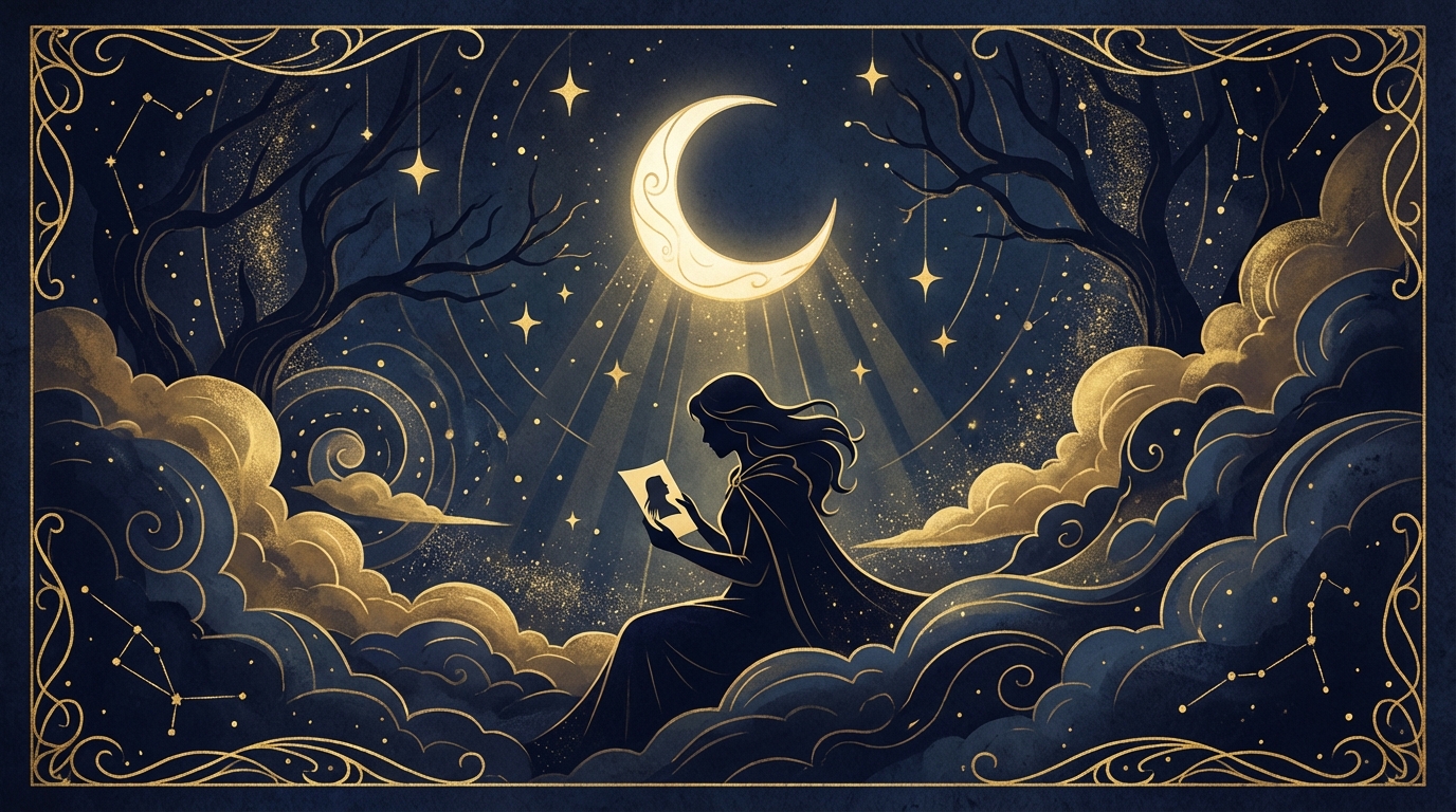 月明かりの中で手紙を読む女性のシルエット