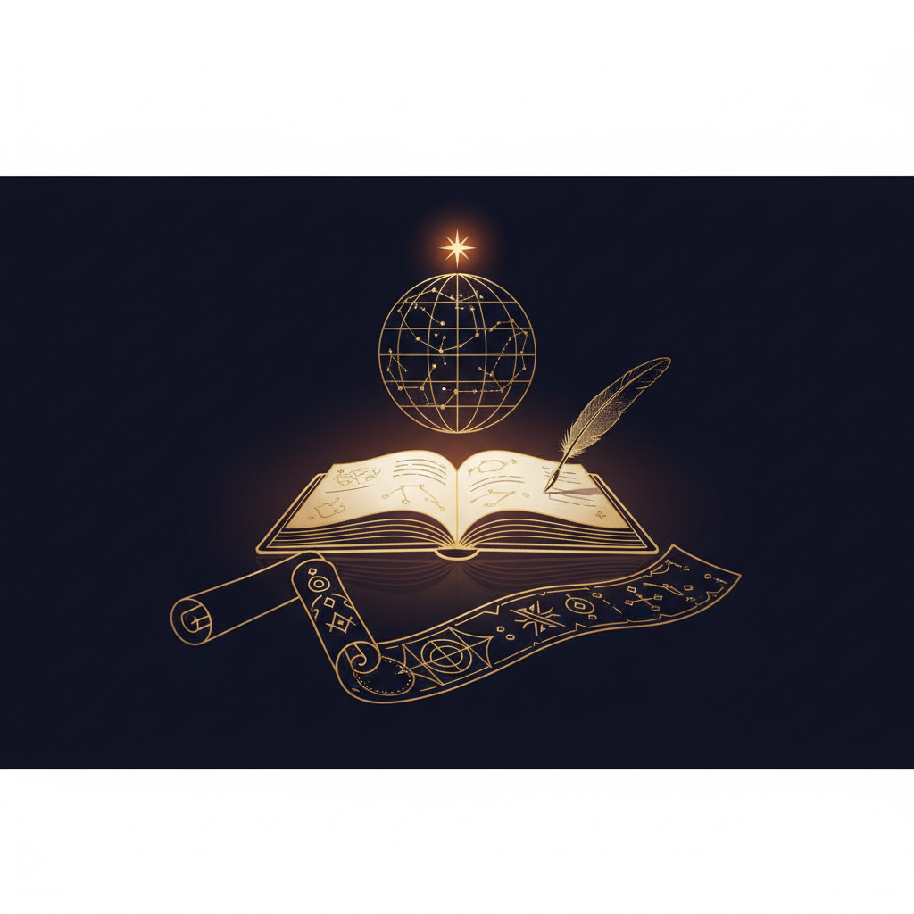 星座早見表と手帳のイメージ、占いを楽しむ女性のシルエット