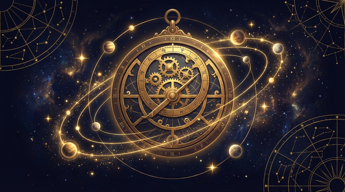 宇宙空間に浮かぶ古代のアストロラーベと天体