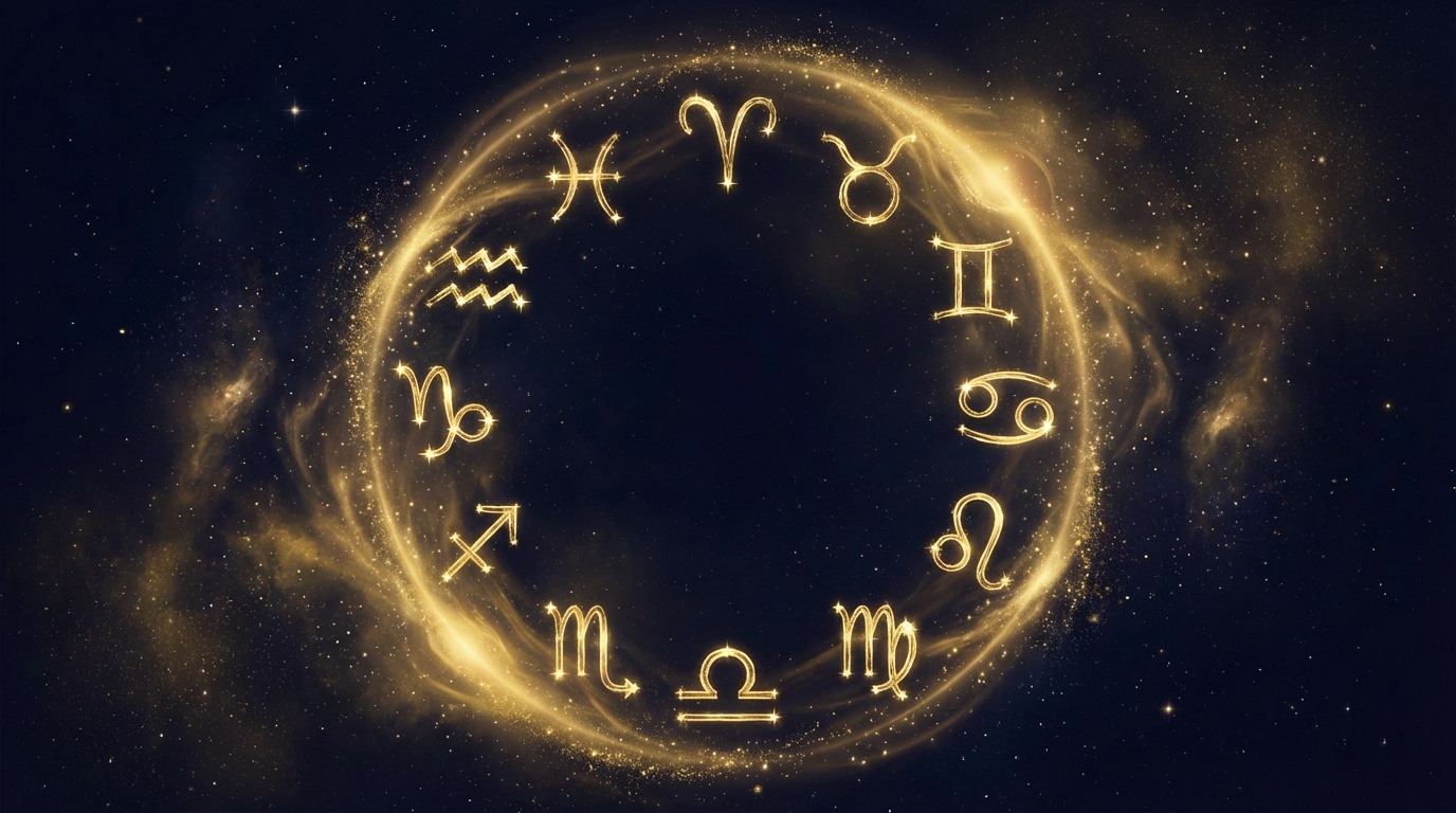 12の星座シンボルが円形に並び金色に輝く