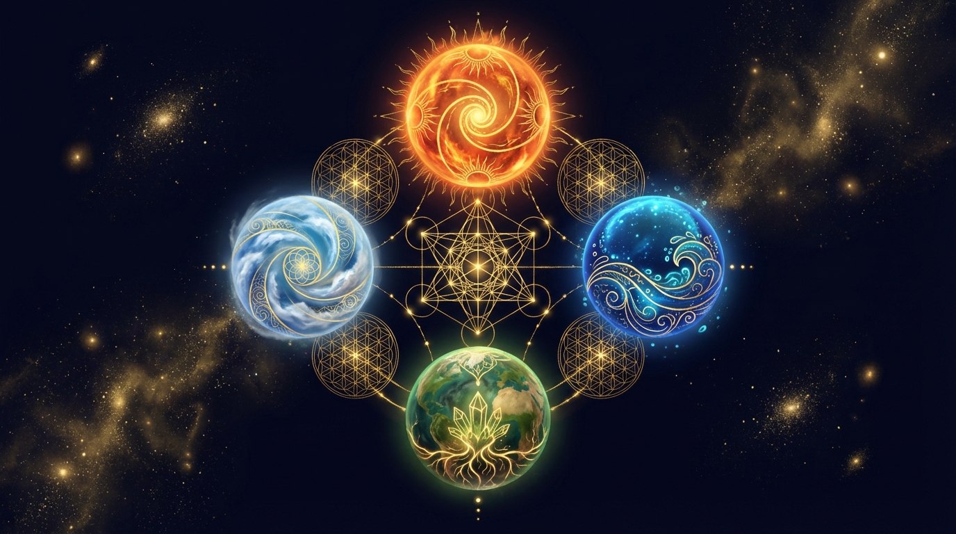 四元素のオーブが宇宙空間に浮かび神聖幾何学で結ばれている