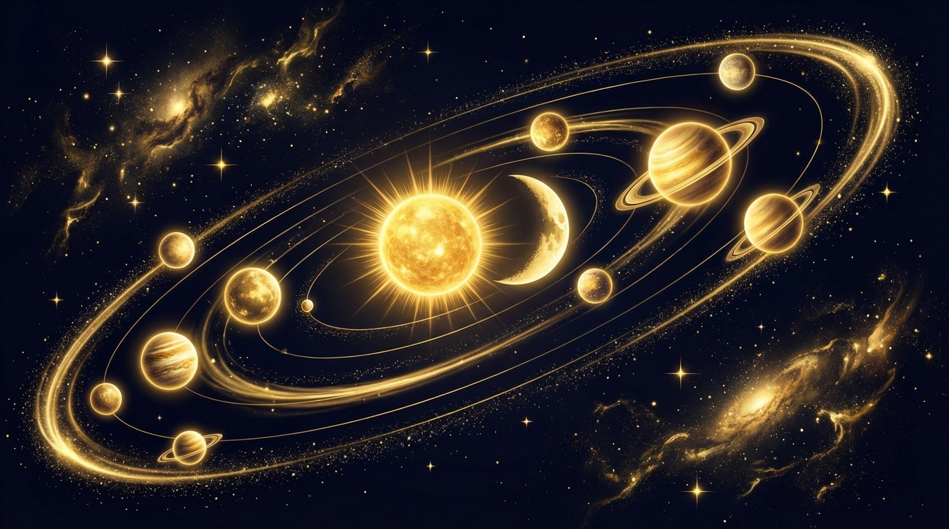 10の天体が弧を描いて並び金色の軌道を描く