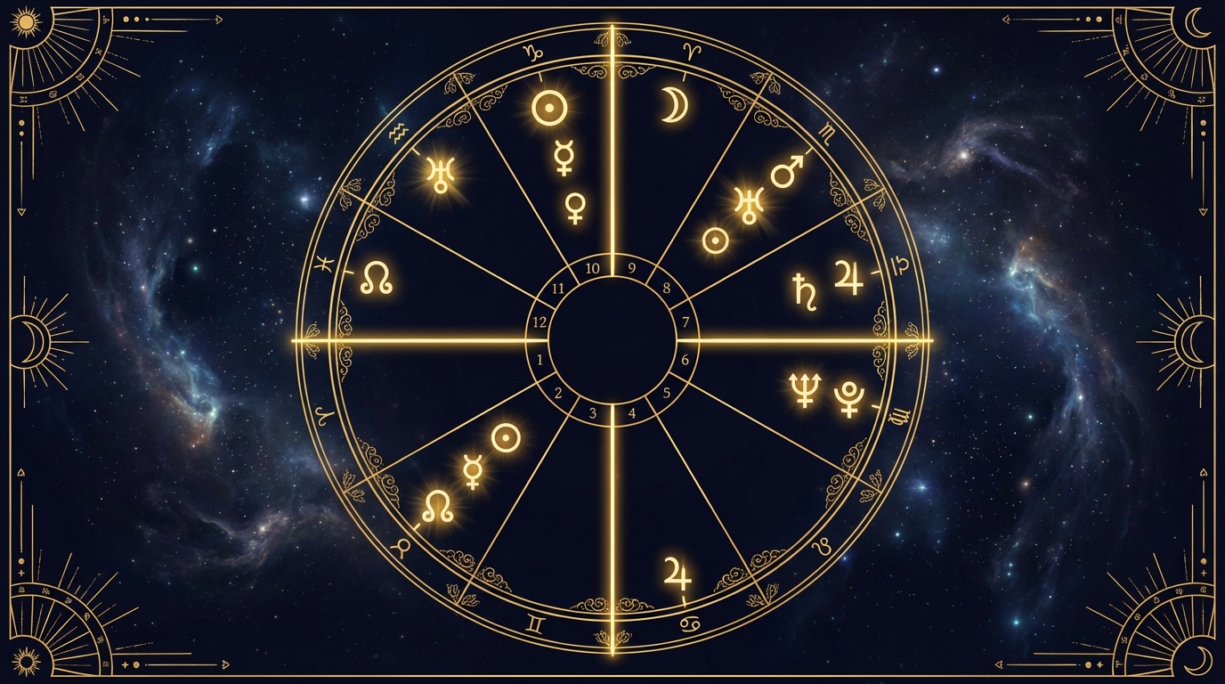 12ハウスに分かれたネイタルチャートと金色のアセンダントライン