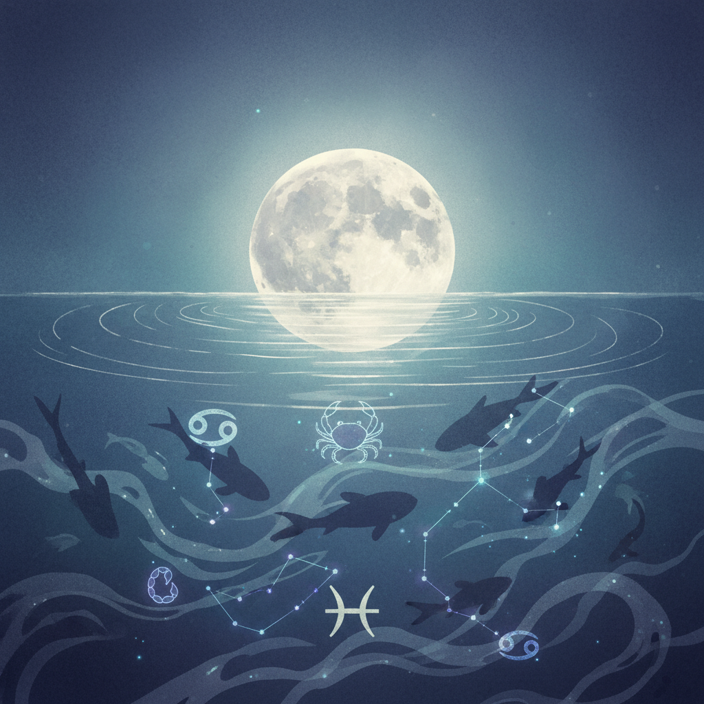 水面に映る月と星座のモチーフ