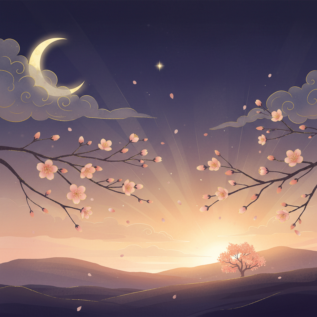 夜空に浮かぶ三日月と花びらのモチーフ
