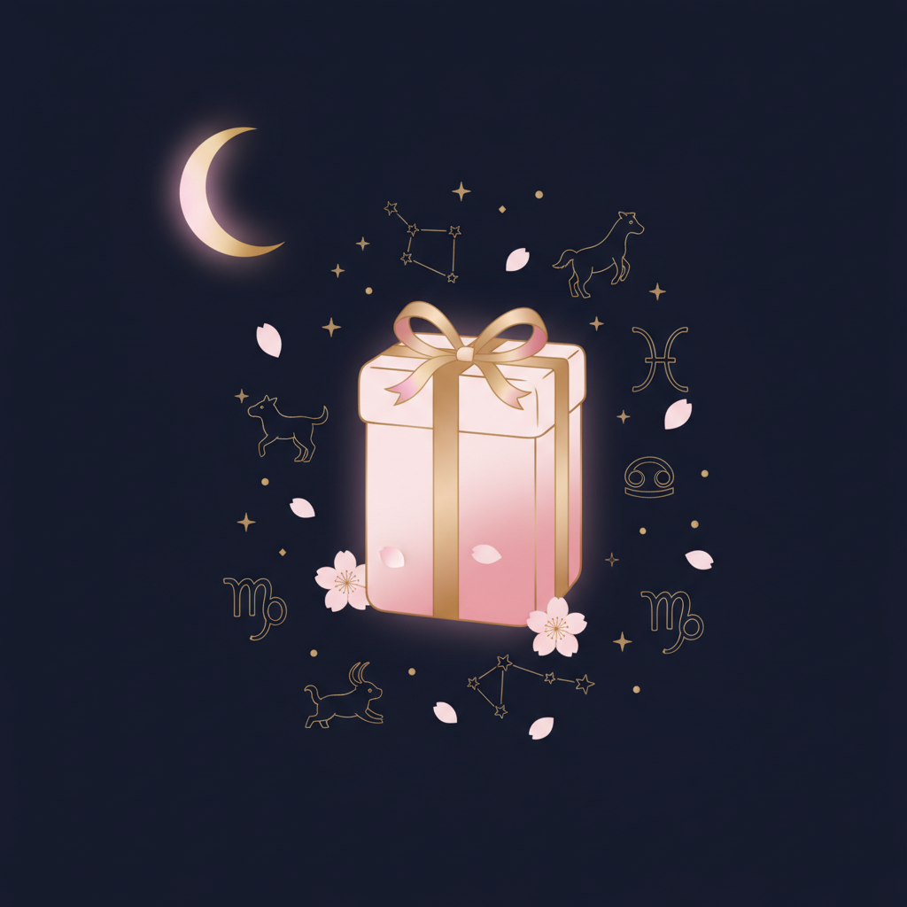 月明かりに照らされたギフトボックスと星座のモチーフ