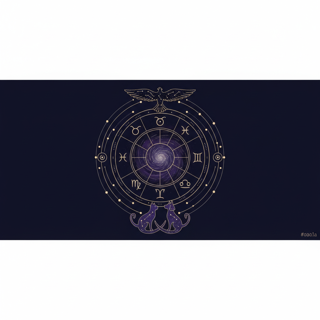 星座とペットの相性を示す夜空と動物たちのイラスト