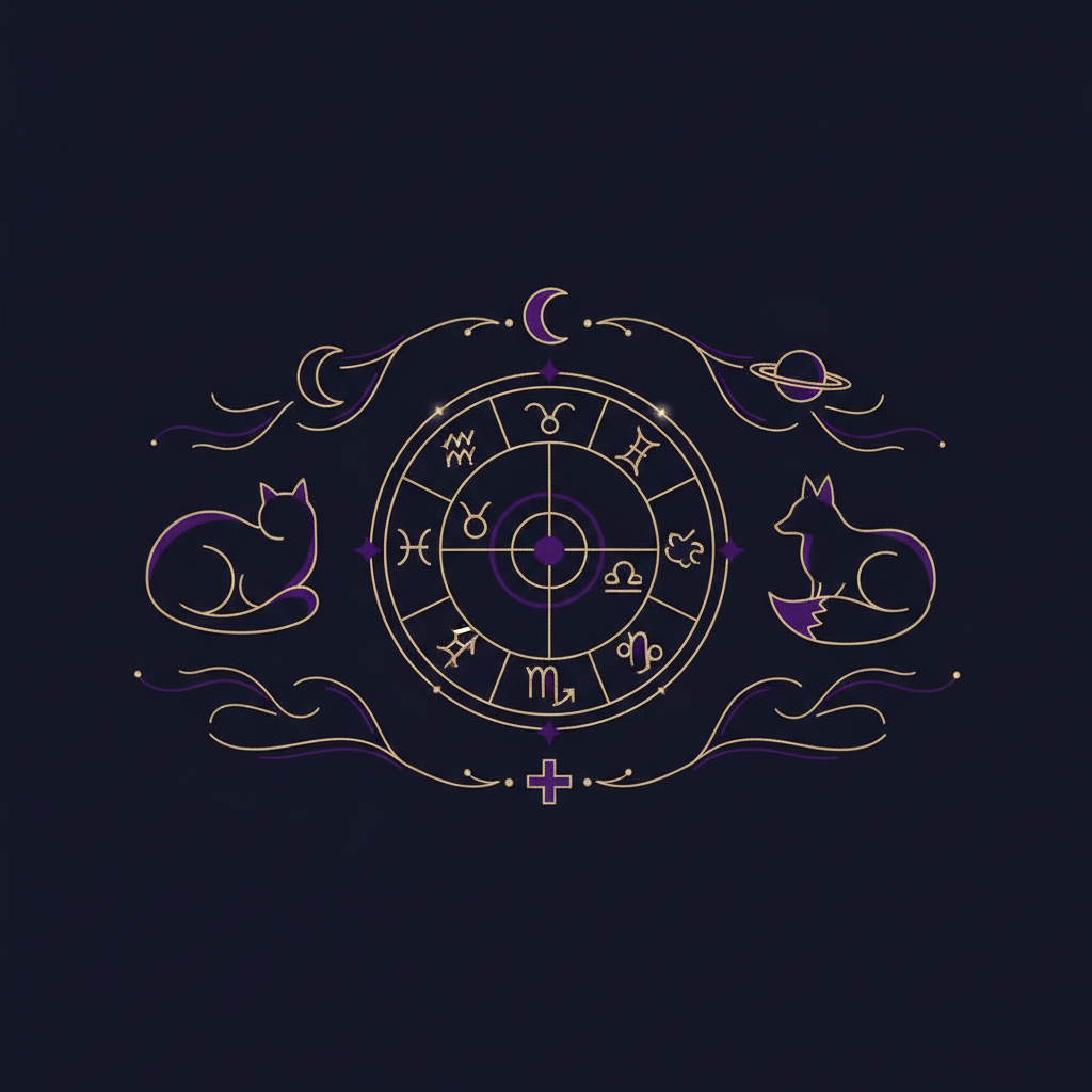 穏やかな星座と癒しのペットがくつろいでいるイラスト